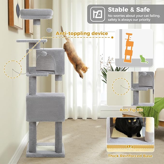 MUTTROS Cat Tree for Indoor Cats, 62-Inch Multi-Level Cat Tower with Scratching Posts for Large Cats, 2 Bigger Plush Condos, Padded Platform, Soft Cat Bed and Scratching Pad, 2 Pompoms, Gray