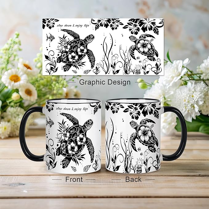 Sea Turtle Coffee Mug 11 Oz Sea Turtle Gifts Mothers Day Birthday Gift for Women Men, Boho Black and White Coffee Mug, Birthday Gifts for Friends Ceramic Mugs Microwave and Dishwasher Safe