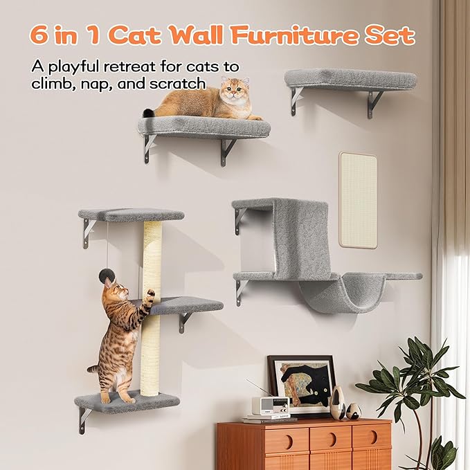Cat Wall Shelves for Large Cats, Stable & Safe Kitty Walls Furniture Set for 40LBS Cats with Wooden Cat Climber,House, Bridge, Tree, Steps, and Scratcher for 16 Inch Drywall (Grey, 5-in-1)