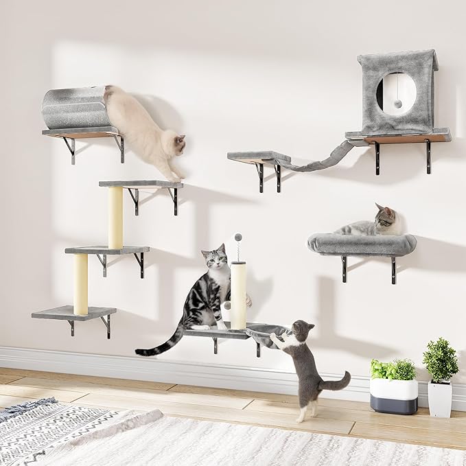 Cat Wall Shelves, 7-in-1 Wall Mounted Cat Climber Set, Indoor Cat Furniture – Includes House, Tunnel, Bridge, Steps, Scratcher, Hammock, Shelves, Gray