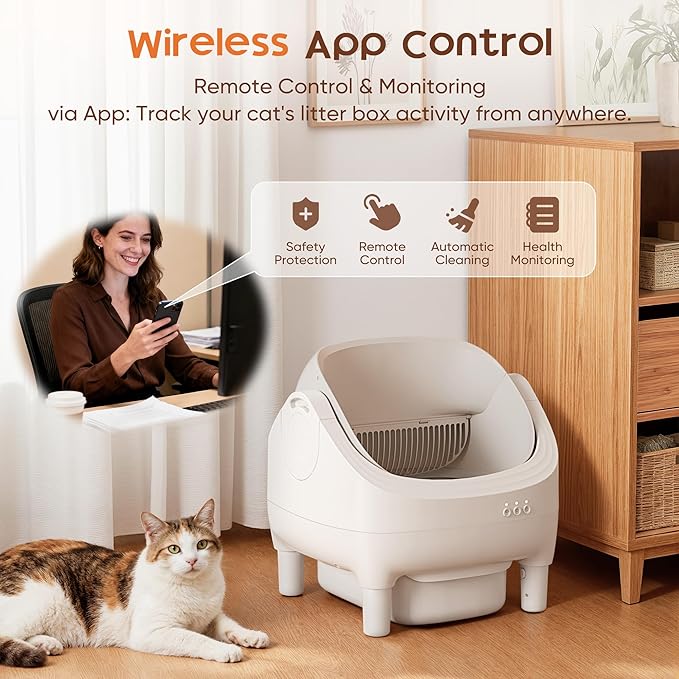 GUNJI Open-Top Cat Litter Box – Electric Auto-Cleaning System, Reliable Odor Management, Smart APP Support, 15L Large-Capacity Waste Bin, Trash Bags & Mat Included (White)