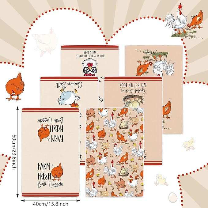 FuWeave 6 Pcs Chicken Kitchen Dish Towels Chicken Gifts for Women Farm Rooster Dishcloth 16 x 24 Inches Farmhouse Tea Hand Towel Decorative for Bathroom Kitchen Housewarming Gifts