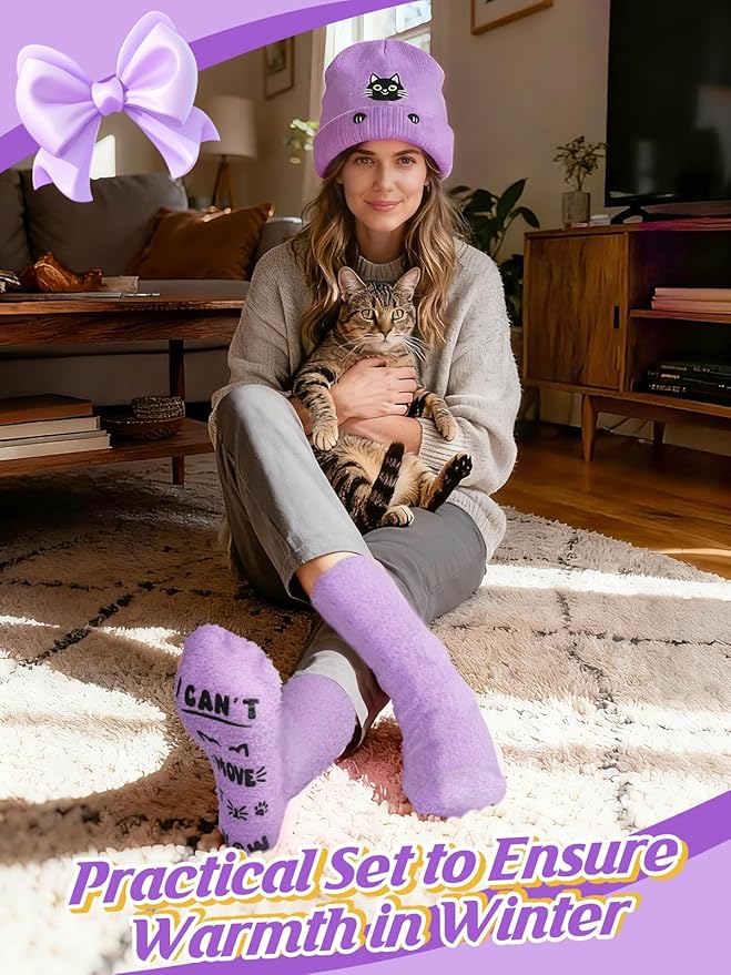 Cat Beanie and Funny Socks for Women - Cute Warm Gifts for Cat Lovers