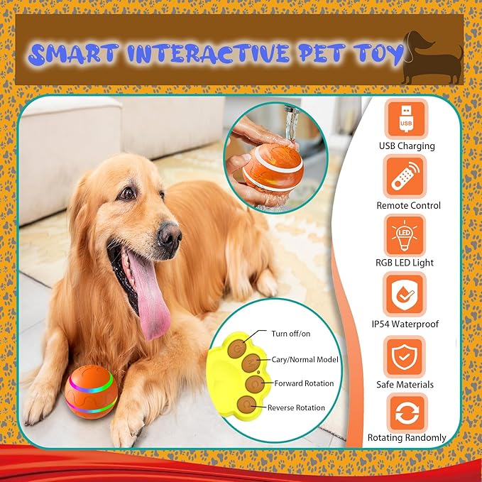 Smart Interactive Dog Toy Ball, Automatic Moving with Remote Controll,Rechargeable and Waterproof, Bouncing Rotating Toy for Medium Large Dogs,Two Gifts Squeaky&Chew Ball