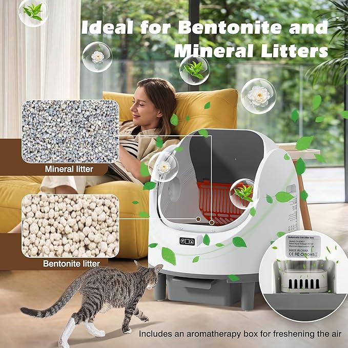 Grepatio Automatic Cat Litter Box for Multiple Cat, Open-Top Self Cleaning Cat Litter Box with APP Control, Safe Anti-Pinch, Weight Monitoring, Litter Box Include Scent Cartridge, 2-Roll Garbage Bags
