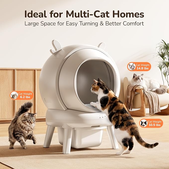 Automatic Self Cleaning Litter Box, Cat Litter Box with APP Control, 65L Globe & Dual Safety Sensors, Robot Litter Box, 1 Roll Garbage Bags and Litter Mat, <35DB, White