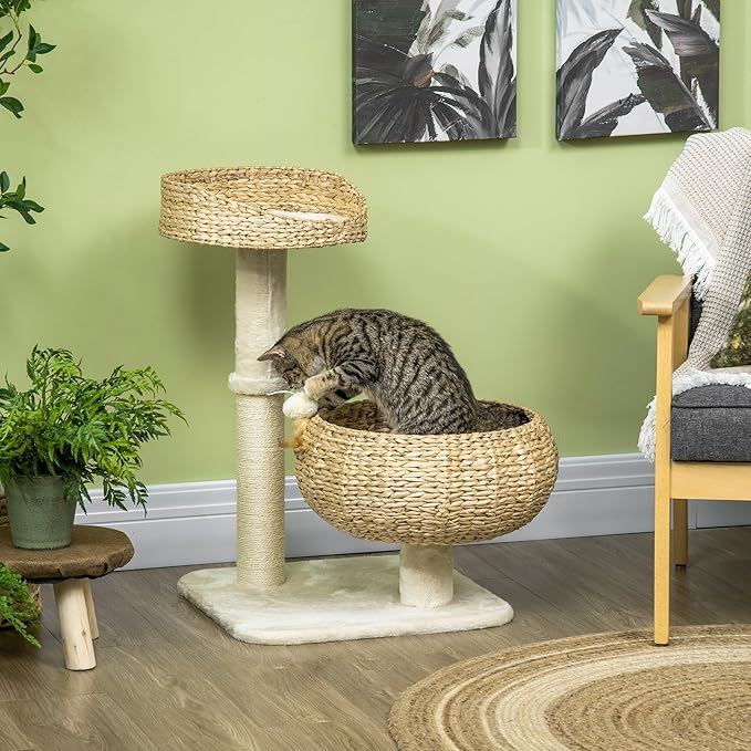 PawHut 28" Elevated Cat Bed with Sisal Scratching Post for Indoor Kitties, Modern Cat Tree with Cute Basket Design, Small Cat Tree with Fun Ball Toy