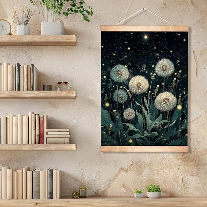 HEYJEEPER Dreamy Dandelion Wall Art, Night Botanical Firefly Linen Poster, Whimsical Nature Aesthetic Artwork Wall Hanging Decor for Living Room or Meditation Space,Calm Home Decor Gift 14x18inch (Dandelion)