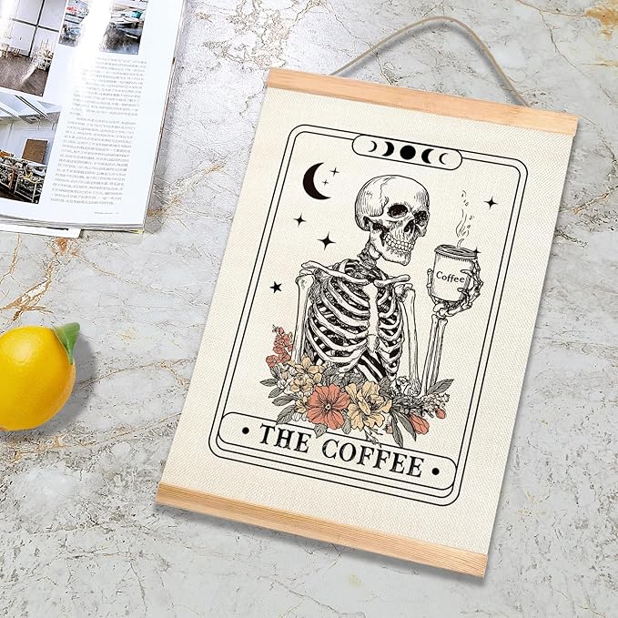 HEYJEEPER The Coffee Tarot Card Wall Art,Retro Skeleton with Floral Canvas Print Hanging Poster,Funny Skull Wall Decor for CoffeeBar,Cafe Shop or Kitchen,Coffee Lovers Gift 14x18inch