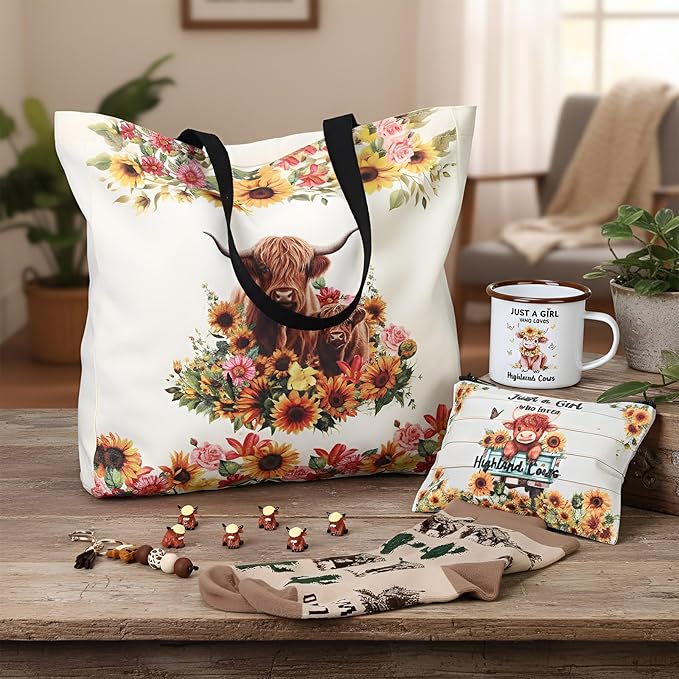 Highland Cow Lover Gifts for Women Birthday Gifts Baskets Set Include Canvas Tote Bag, Makeup Bag, Socks, Keychain, Enamel Mug, Small Figurines for Mom, Wife, Sister, Friend