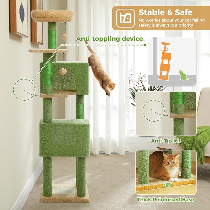 MUTTROS Cactus Cat Tree, 62-Inch Large Cat Tower for Multi-Cat Households w/Scratching Posts, Multi-Level Condo w/Cozy Top Perch & Scratching Pad, Padded Platform, 2 Pompoms, Green