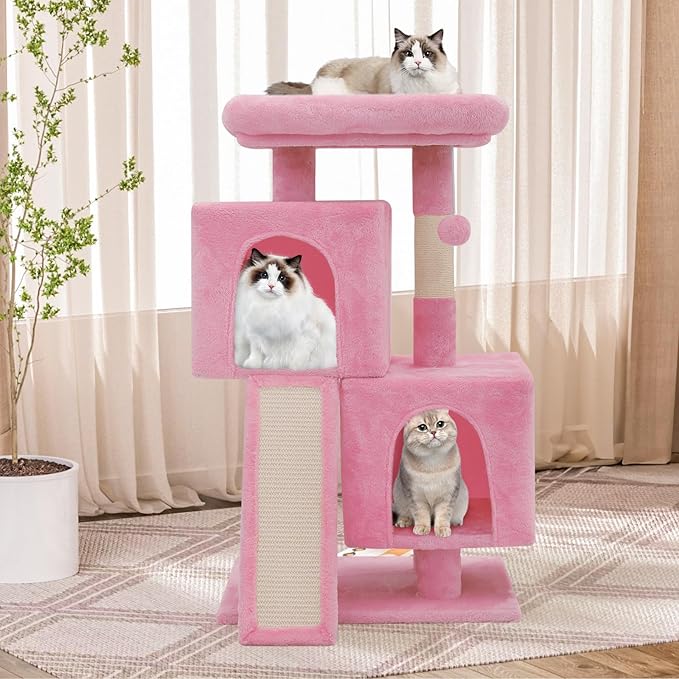 Athena Collection Small Cat Tree, Modern 34 Inch Cute Cat Tree Tower with Scratching Post 2 Condo Activity Platform and Playing Ball for Indoor, Pink