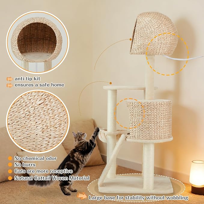 Rattan Cat Tree,60.2'' Tall Modern Cat Tree Tower with Scratching Post for Indoor Cats Large Adult,Luxury Multi Level Cattail Cat Condo with Big House,Hammock,Scratcher Board for Multiple Cats