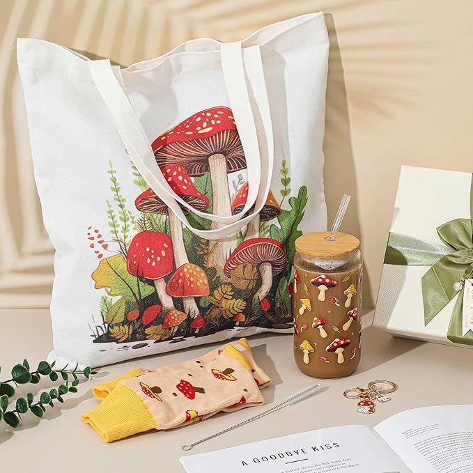 Paterr 4 Pcs Mushroom Gifts for Women Mushroom Lover Gift for Mother's Day Birthday Decorations, with Canvas Tote Bag 16oz Glass Coffee Cup with Straw Socks Cute Keychain