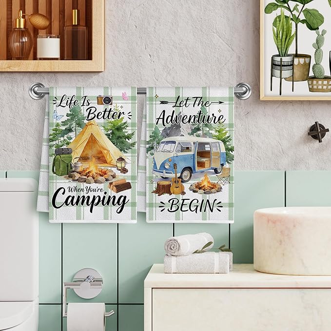 Hexagram Camping Kitchen Towels Set of 2, Camping Decor Gifts for Women, Funny Cute Housewarming Dish Hand Towels for Home Kitchen Decor