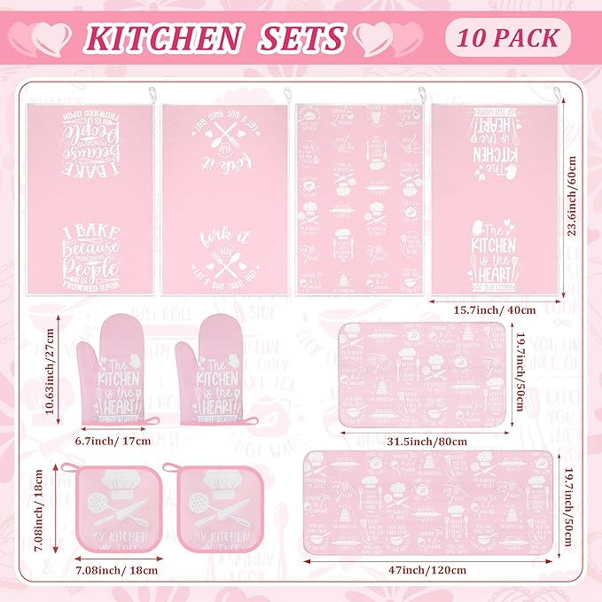 10 Pcs Pink Kitchen Dish Towels Pot Holders Oven Mitts Glove Rustic Rugs Mat Set Cute Farmhouse Kitchen Decor Accessories for Cooking Baking Home Decor Spring Housewarming Mom Gift BBQ