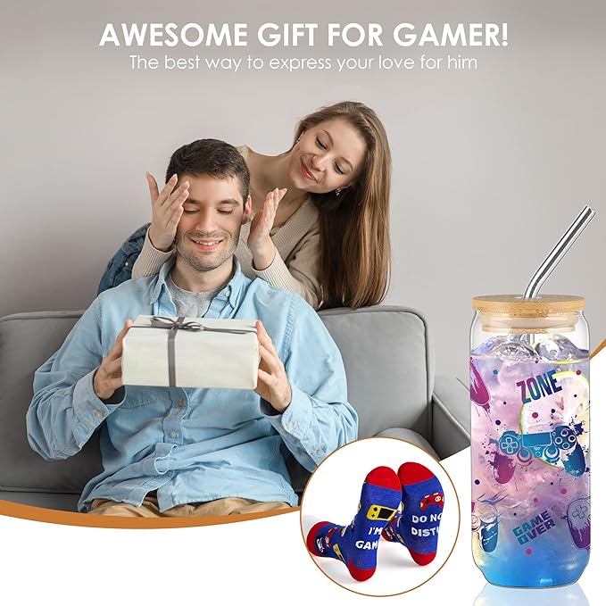 Joeyan Glass Cup with Lid and Straw - 20oz Iced Coffee Cup with Gaming Socks, Gamer Gifts for Men, Video Game Themed Glass Tumbler for Smoothie Boba Tea, Funny Gaming Gifts for Boyfriend Son Gamers