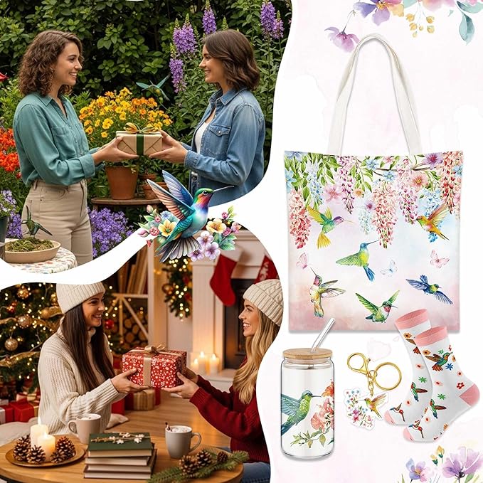 Paterr 4 Pcs Hummingbird Gifts for Women, Hummingbird Lover Gifts for Valentine's Day Birthday Mother's Day Decorations, with Canvas Tote Bag 16oz Glass Coffee Cup with Straw Cute Keychain Socks