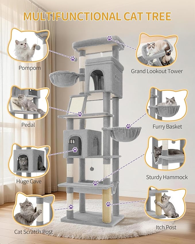 Hzuaneri Large Sturdy Cat Tree Tower, 75 Inch Tall Pet Condo For 7 Large Cats, Cat Tree Indoor Climbing Activity Tower, 2 Large Platform/2 Cave/2 Hanging Basket/5 Scratching Post, Light Grey MS19018LG
