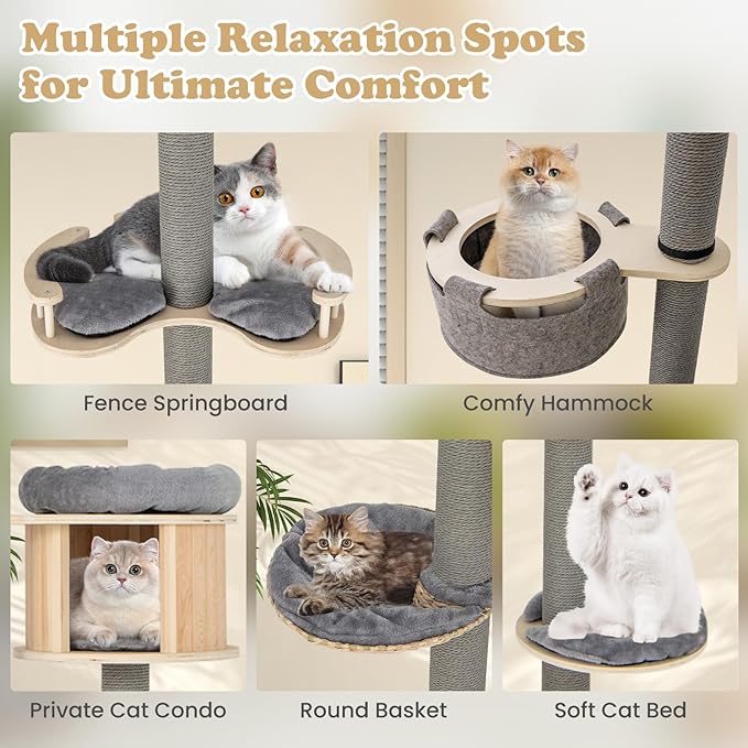 Tangkula Floor to Ceiling Cat Tree, 5 Tier Tall Cat Tower with Adjustable Height (100-110 Inch) for Large Cats, Wood Cat Climbing Pole with Cat Condo, Scratching Post, Cattail Basket Bed, Hammock