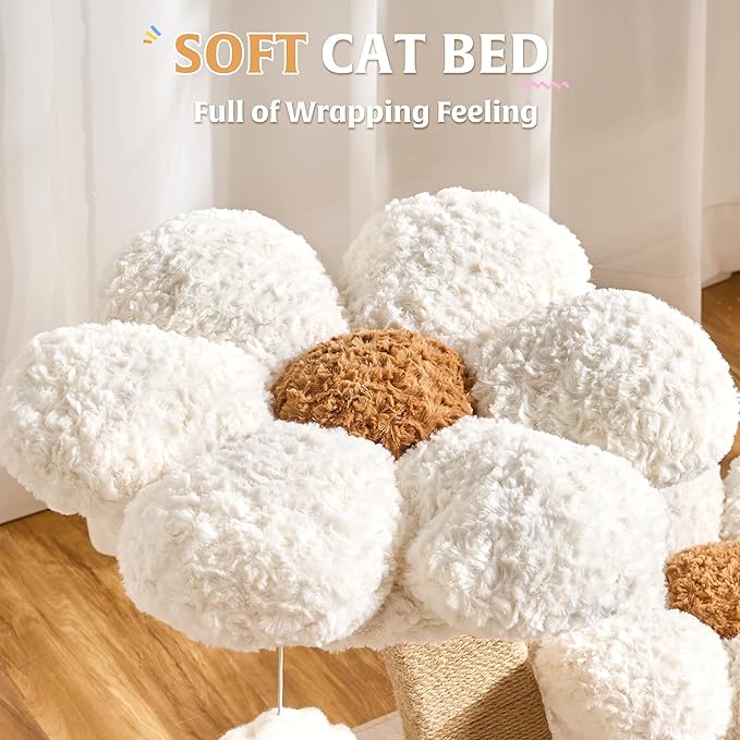 HITTITE Flower Cat Tree with Scratching Post, 36 Inches Cute Cat Tower with Wooden Branch Design, Modern Cat Climbing Tower with Flower Perches and Space Capsule for Indoor Cats Large Adult. White