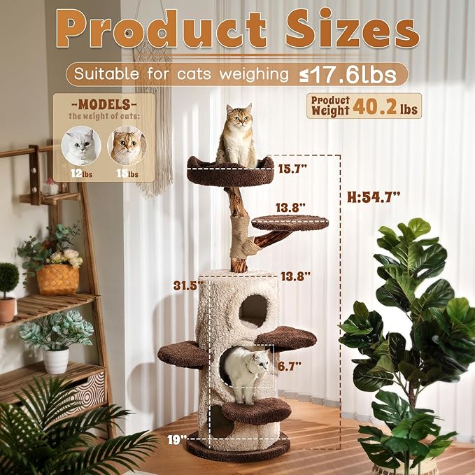 Modern Cat Tree for Indoor Cats,54.7'' Tall Luxury Treehouse Cat Tower with Wood Scratching Posts for Decoration,3 Level Condo with Soft Perchs,Viewing Bed,Heavy Duty Wide Base for Small Large Cats
