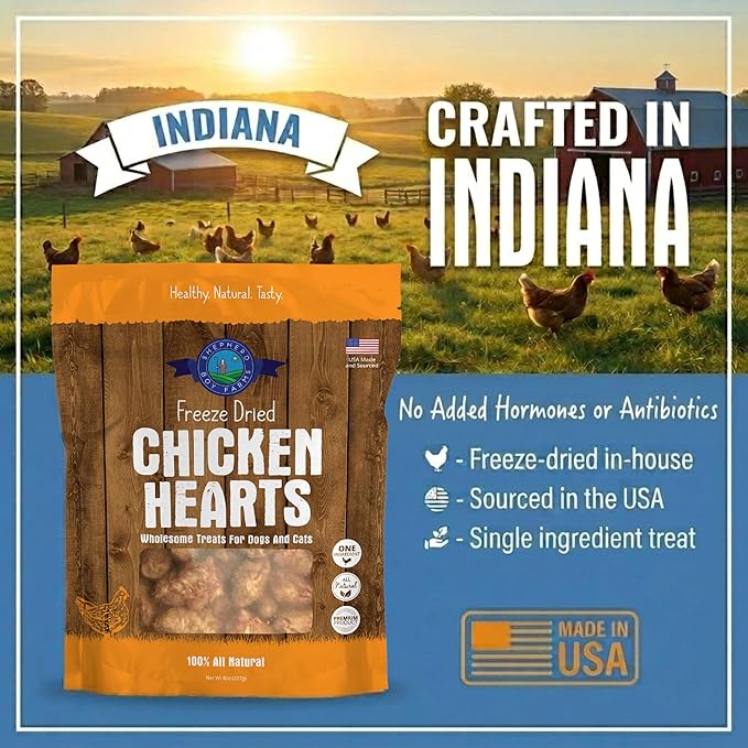 Shepherd Boy Farms Freeze Dried Chicken Hearts for Dogs & Cats - 100% Natural, Single-Ingredient Dog Treats & Cat Treats, High-Protein Organ Meat, Grain Free, Made in USA, 8oz
