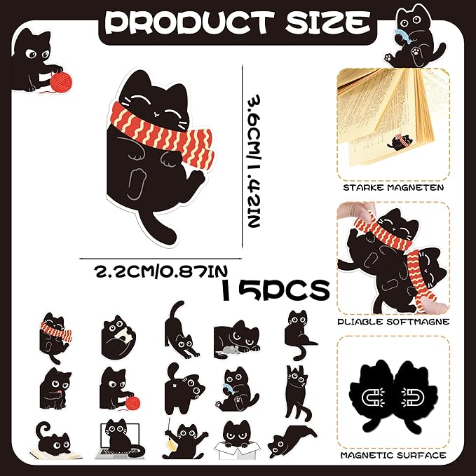 Cats Magnetic Bookmarks Gifts - 15 Pcs Black Cute Funny Bookmark for Women Kids Cats Lovers Students Bookworms Birthday Graduation Gift Magnet Page Clips School Office Reading Accessories
