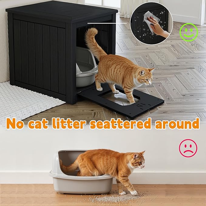 Cat Litter Box Enclosure, Multi-Functional Hidden Cat Litter Box Furniture & Cat Box Enclosure Cabinet with Side Table Design, Openable Front Door & Raised Floor, Easy to Clean & Assemble, Black
