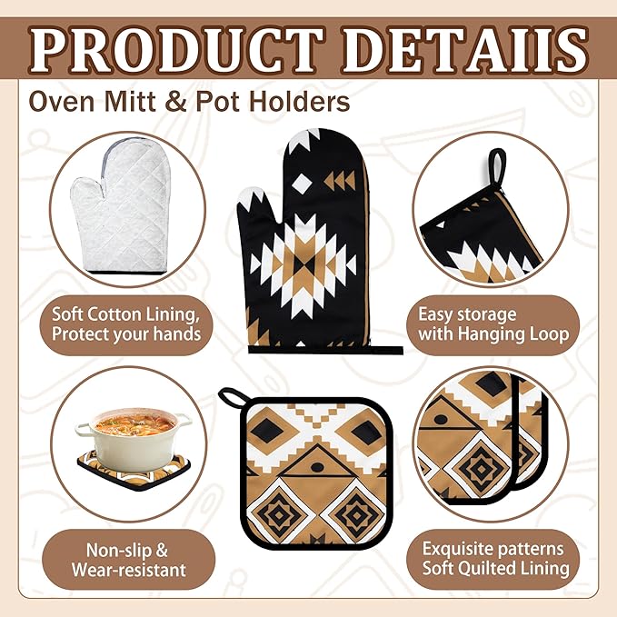 10 Pcs Western Aztec Kitchen Decor and Accessories Set 4 Kitchen Dish Towels 2 Pot Holders 2 Oven Mitts 2 Rugs for Floor Home Decorations Cooking Baking Mom Daughter Gifts Black White Brown