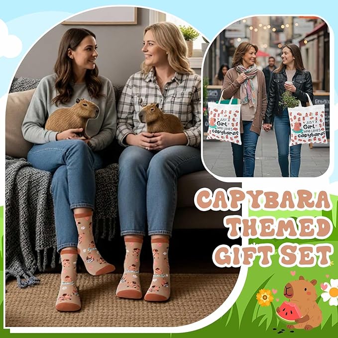 Paterr 4 Pcs Capybara Gifts for Women Mom, Capybaras Lovers Gifts for Mother's Day Birthday Decorations, with Canvas Tote Bag 16oz Glass Coffee Cup with Straw Socks Cute Keychain
