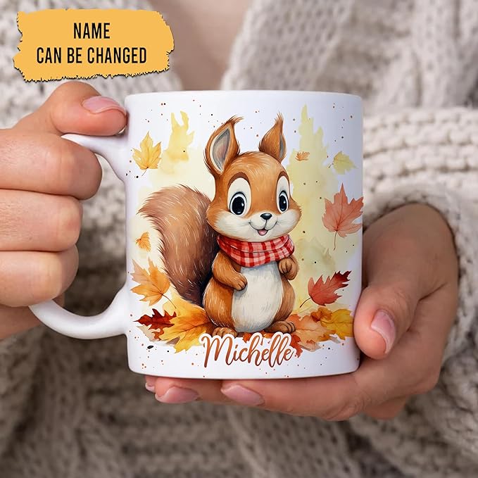 Hyturtle Personalized Fall Squirrel Coffee Mug - Birthday Gifts For Squirrel Lovers - Fall Autumn Decor Gifts For Farmhouse Thanksgiving - Custom Name 11oz White Ceramic Coffee Tea Mug