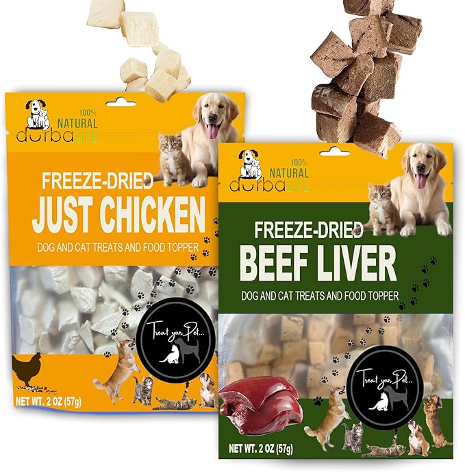 Freeze Dried Two-Pack Bundle Beef Liver and Chicken Breast Dog & Cat Treats Food Topper Ideal for Training, Easy to Digest for Sensitive Pets (2 Packs) (2.0 oz Each, Beef Liver and Chicken)