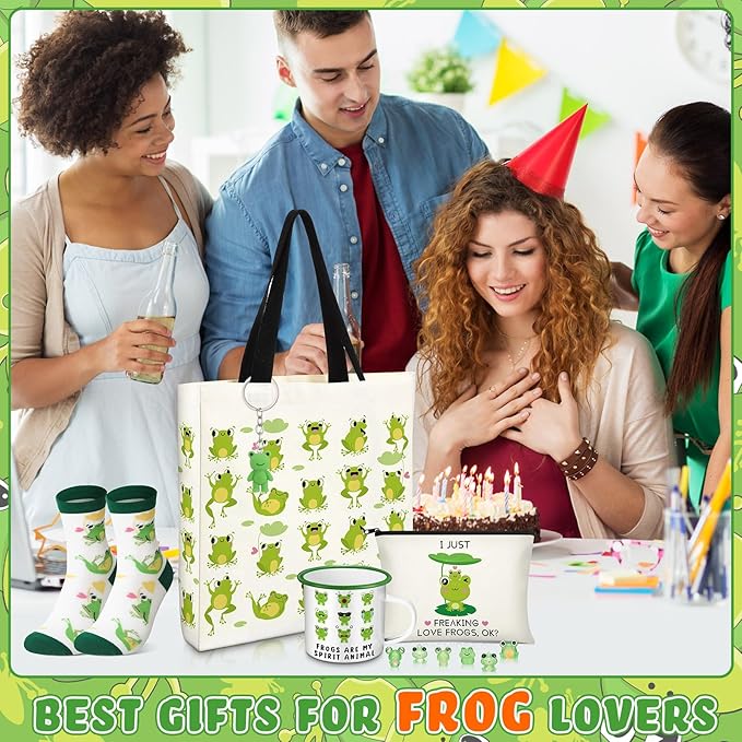 Frog Lover Gifts for Women Birthday Gifts Baskets Set Include Canvas Tote Bag, Makeup Bag, Socks, Keychain, Enamel Mug, Small Figurines for Mom, Wife, Sister, Friend