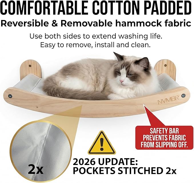 Cat Wall Shelf Bed Hammock with Sisal Stairs Set, Easy Install | 16 inch Stud Design | Holds up to 33 lbs | Indoor Shelf Lounge with Saftety Bar Designed in USA
