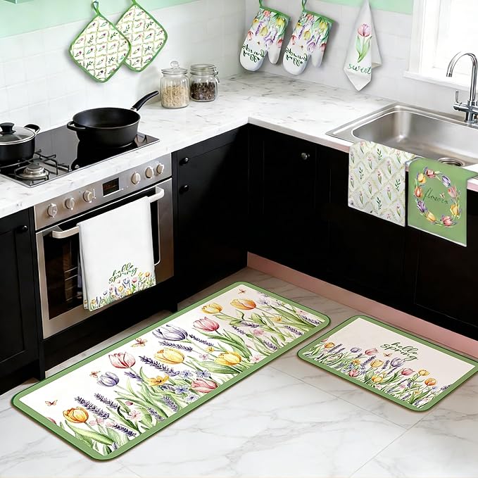 10 Pcs Tulip Floral Spring Style Kitchen Decor and Accessories Set 4 Kitchen Towels 2 Pot Holders 2 Oven Mitts 2 Rugs for Cooking Baking Mom Housewarming Gifts(Green and White)