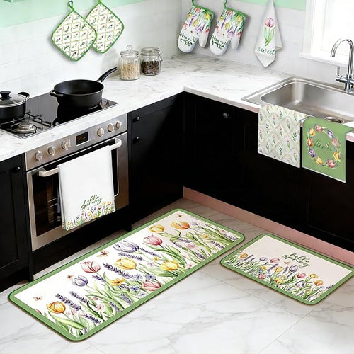 10 Pcs Tulip Floral Spring Style Kitchen Decor and Accessories Set 4 Kitchen Towels 2 Pot Holders 2 Oven Mitts 2 Rugs for Cooking Baking Mom Housewarming Gifts(Green and White)