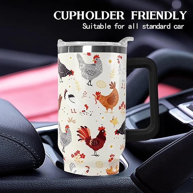 Ceovfoi 40 oz tumbler with handle,40 oz Chicken Tumbler with lid and Straw,Chicken Stainless Steel Cup Coffee Travel Mug,Chicken Gifts for Chicken Lovers,Rooster Stuff Decor Accessories