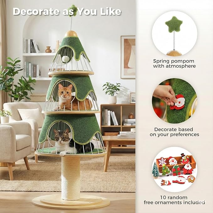 MUTTROS Modern Cat Tree-51.2" Cat Christmas Tree w/Thick Scratch Post(φ5.4in), Wood Cat Tower w/ 3 Condos-Heavy Duty Furniture w/Metal Frame & Replaceable Mat for Indoor Kitty, Green