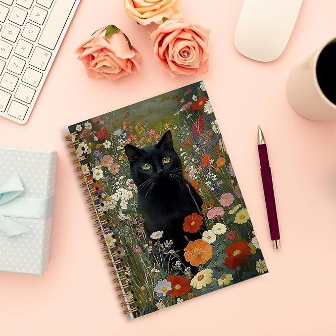 Vintage Moody Floral Black Cat Notebook, Cottagecore Wildflower Black Kitty Journal for Writing, Witchy Cat Office Supplies, Spiral Notebook 5.5x8.3 Inch