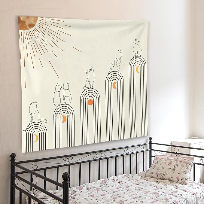 WNAGT Boho Celestial Cat Tapestry Wall Hanging, Cat Lover Gifts, Abstract Modern Minimalist Boho Sun and Moon Cats Wall Blanket Decor for Home Bedroom Living Room Office, 50x60 Inch