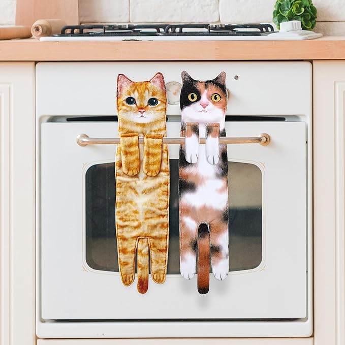 Funny Hand Towels for Bathroom Kitchen Decor - Cute Cat Hanging Hand Towel Kitchen Gadgets - Unique Housewarming Birthday Christmas Cat Lover Gift Ideas for Women Mom Lady Adults