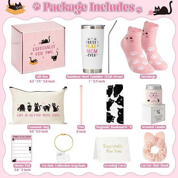 Xqumoi Cat Mom Gifts for Women - Cats Lover Gift Box for Mother's Day, Birthday, Christmas Cute Kitty Present Set for Crazy Cat's Lady Daughters Girls with Tumbler Makeup Bag Paw Socks Bookmark