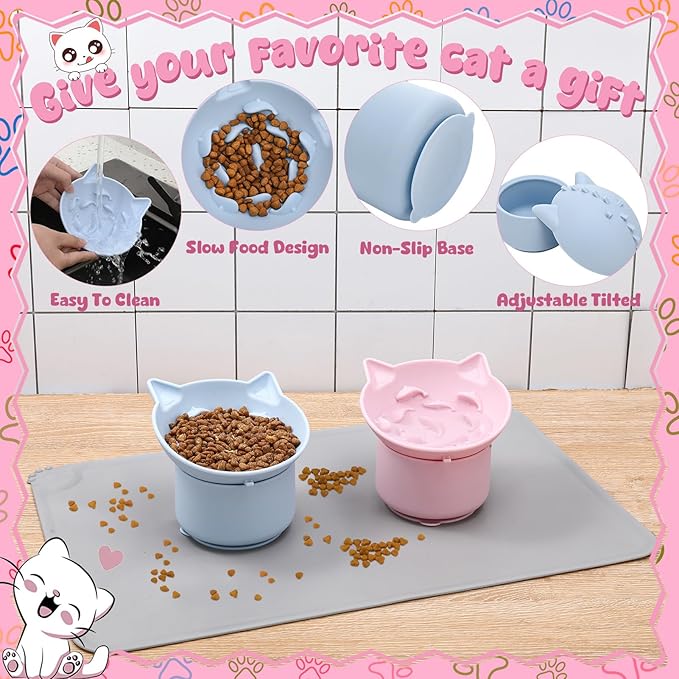 2 Pack Pink, Blue Slow Feeder for Cat Bowls, Silicone Tilted Raised Pet Bowl with Non Slip Base for Digestion Anti Vomit