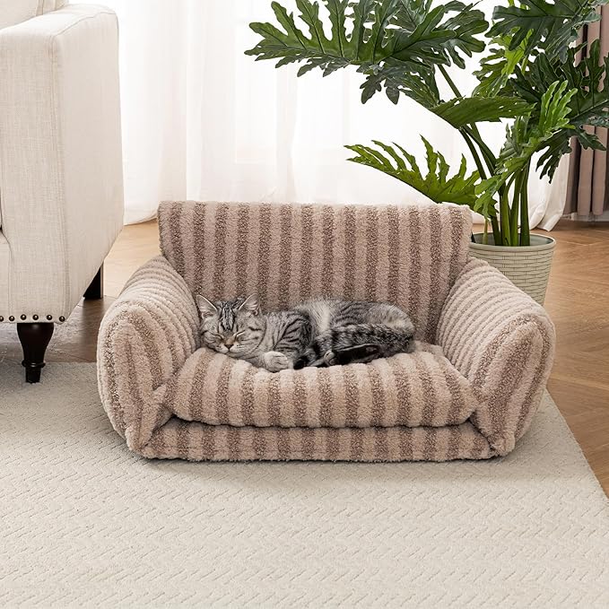 Hollypet Cat Bed Fluffy Plush Mutifuctional Double-Layer Soft Pet Couch Orthopedic Sofa Nest Beds for Small Cats and Dogs, Khaki (25x20x13 inch)