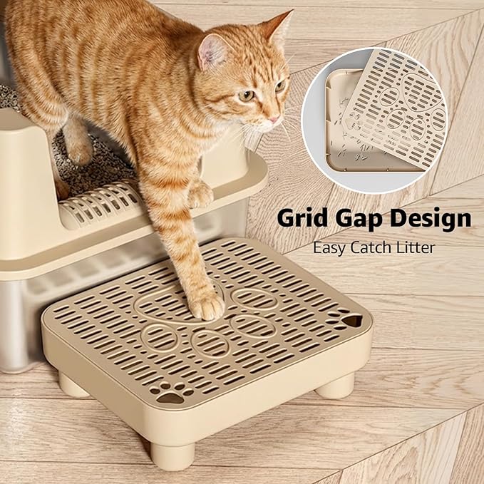 Cat Litter Box Step Ramp,Cat Litter Catcher Mat with ABS Material Base,Filter Function,Pedal Stool for Self-Cleaning Litter Box,Anti-Tracking & Non-Slip,Ideal for Kitten & Elderly Cats,Khaki