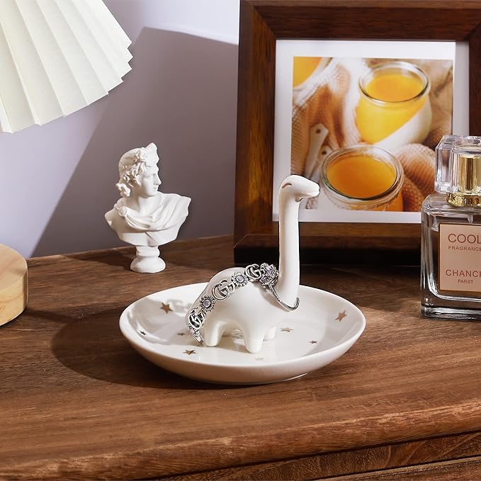 PUDDING CABIN White Dinosaur Ring Holder - Unique Jewelry Dish Tray for Rings, Earrings, Bracelets Organizer - Cute Gifts for Women, Girls, Her Birthday, Christmas, Wedding Gifts