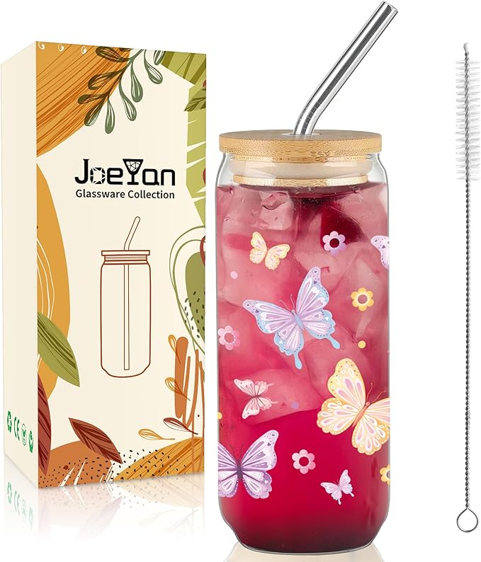 Joeyan Glass Cups with Lids and Straws - 20oz Iced Coffee Cup, Cute Pastel Butterfly Floral Glass Tumbler, Drinking Glasses for Smoothie Boba Tea, Birthday Mothers Day Gift for Women, Mom, Friend