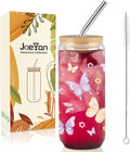 Joeyan Glass Cups with Lids and Straws - 20oz Iced Coffee Cup, Cute Pastel Butterfly Floral Glass Tumbler, Drinking Glasses for Smoothie Boba Tea, Birthday Mothers Day Gift for Women, Mom, Friend