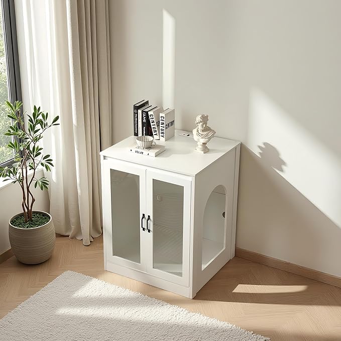 Cat Litter Enclosure with Cat-Viewing Glass Doors, Litter Cabinet with Power Outlet and Cozy LED Lights, Reversible and Optional Entry,White